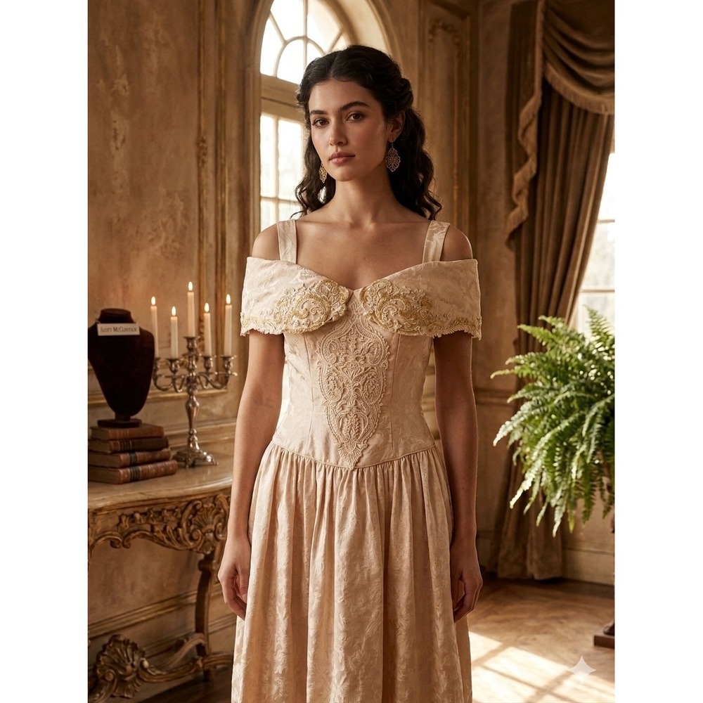 VTG 1990s Scott McClintock Formal Dress, Luminous Champagne Damask Jacquard